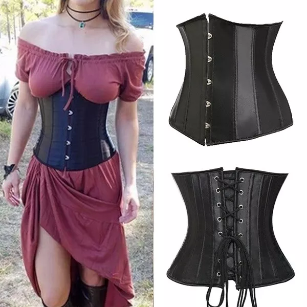 Women Black Lace Up Underbust Corset Bustier Waist Cincher Body Shaper Girdles