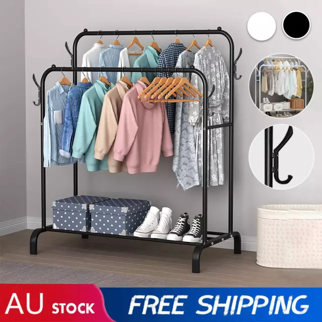 Heavy Duty Metal Double Rail Clothes Garment Hanging Rack Shoe Storage Shelf AU