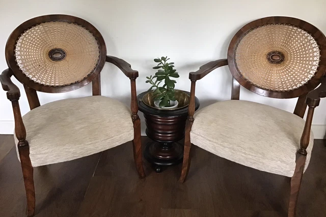 Pair  Of Art Deco, Walnut & Bergere Elbow Chairs, With Fixed Upholstered Seats