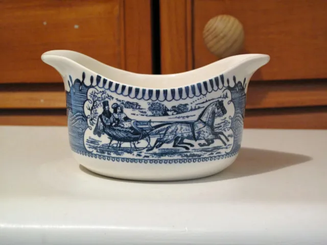 Vintage Royal China Blue Currier & Ives Gravy Boat Horse Sleigh Dish Blue Cream