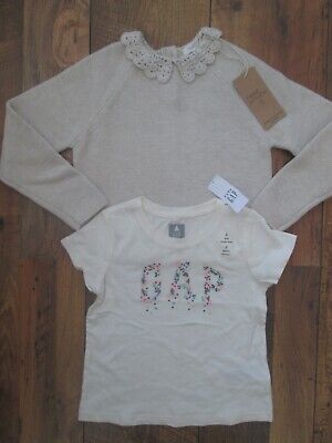 Next Girls  Knitted Cotton Beige Jumper & Gap Cream Top T-Shirt Age 3-4 Bnwt