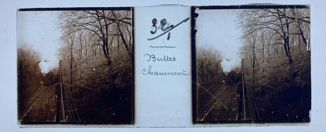 PARIS 1900 BUTTES CHAUMONT PLAQUE STEREO 45x107 VERRE STEREOSCOPIQUE VERASCOPE