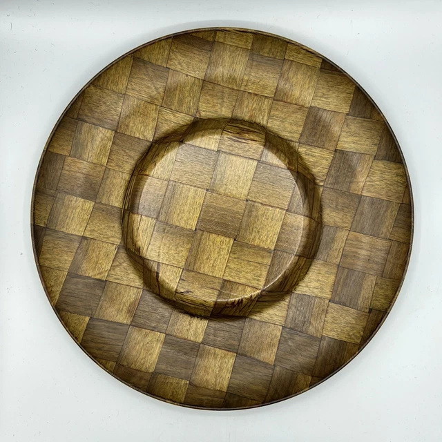 Parquet Woven Wood Round Magnetic Chip Bowl Tray 14" MCM NO DIP BOWL Vintage EUC