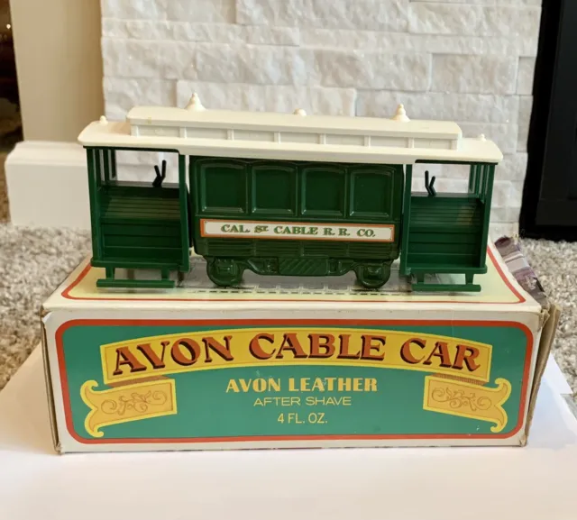 Vintage Avon Cable Car Decanter Leather After Shave Nearly Full Bottle w/ Box