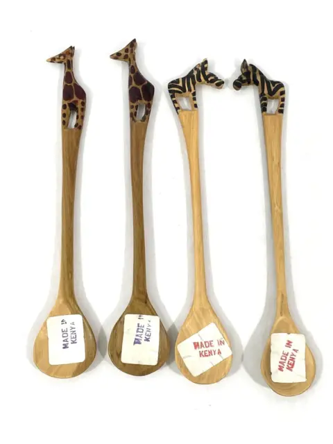 Lot of 4 Hand Carved Souvenir Spoons From Kenya Giraffes And Zebras