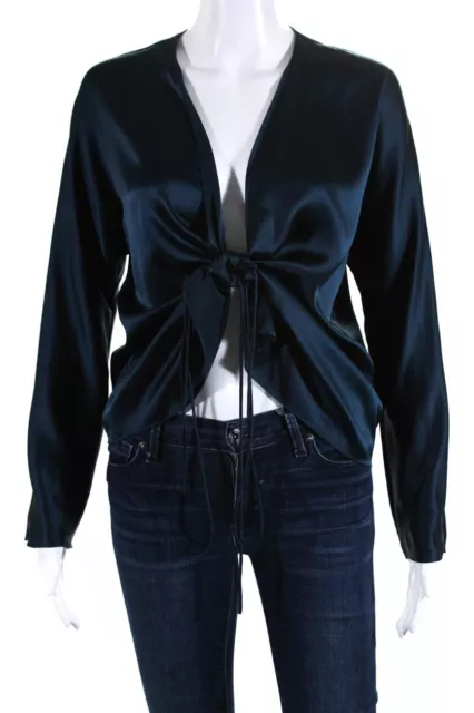 Vince Womens Silk V-Neck Long Sleeve Tie Closure Wrap Blouse Top Navy Size S