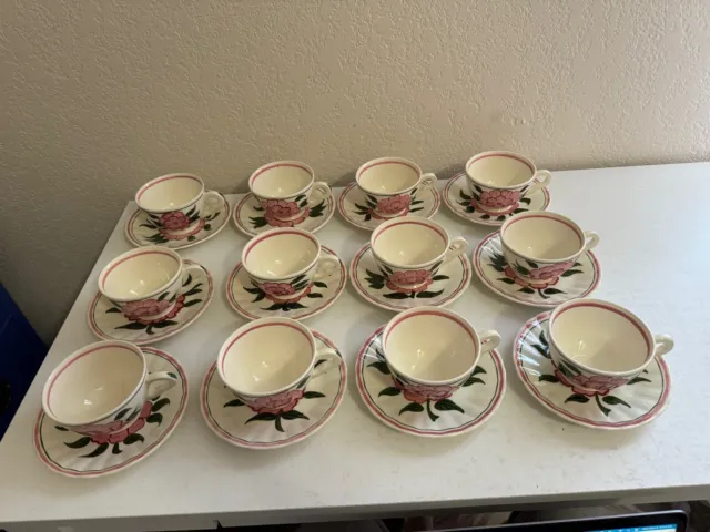 Vtg Blue Ridge Southern Pottery Hand Painted Pink Peony Set of 12 Cups & Saucers 2