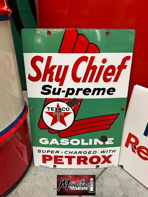 1959 TEXACO Sky Chief Supreme Gasoline Porcelain Gas Pump Plate Sign - Gas & Oil