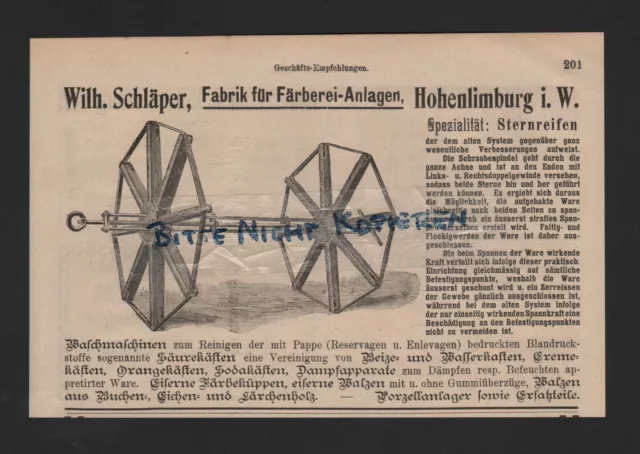 HOHENLIMBURG, Werbung 1909, Wilh. Schläper Fabrik für Färberei-Anlagen