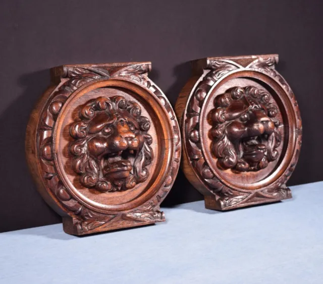 11" Pair of French Antique Renaissance Medallions Carved Oak Wood Trim Lions