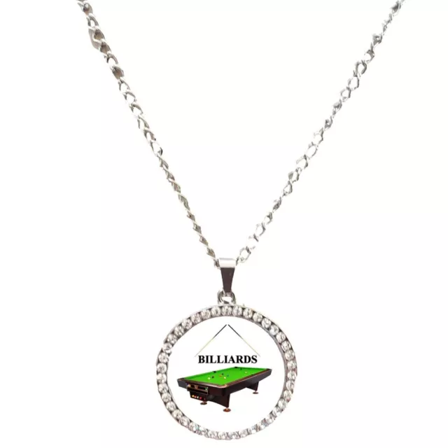 Billiards Cue Pool Sport Silver Colour Necklace With Diamante Pendant + Box