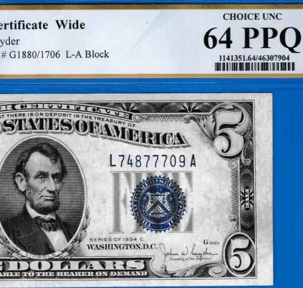 Fancy  S/N  L 74877709 A  $5  1934 C  Silver Certificate Note Pcgs 64 Ppq