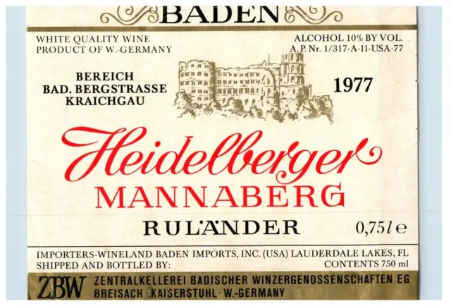 1970's-80's Heidelberger Mannaberg Rulander German Wine Label Original S30E