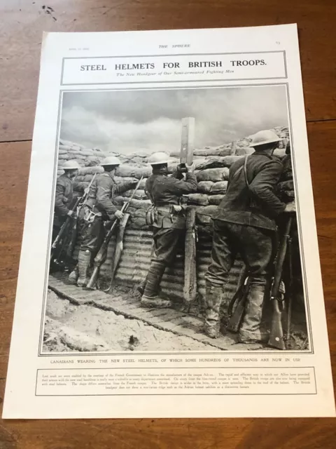 ww1 full page print from the sphere ! steel helmets for british troops