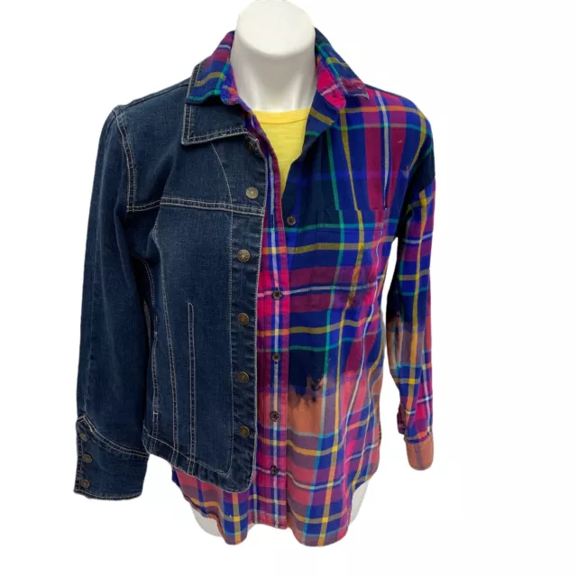 Old Navy Womens Upcycled Plaid Button Up Size Small Boho Lotus Bleach Ombre Coat 12