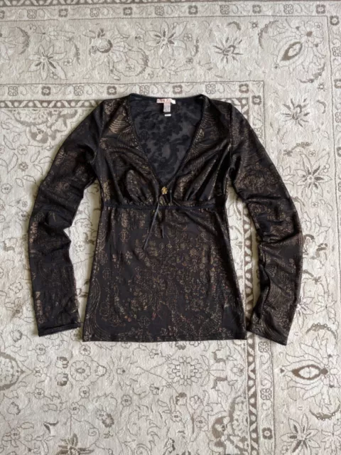 Roberto Cavalli Vintage Deep Neck Black Gold Mesh Top Size M Womens