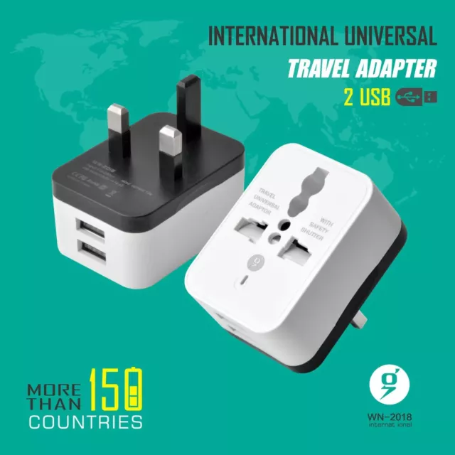 Travel Adapter Worldwide Universal Plug Charger UK EU AU US + 2 USB Port