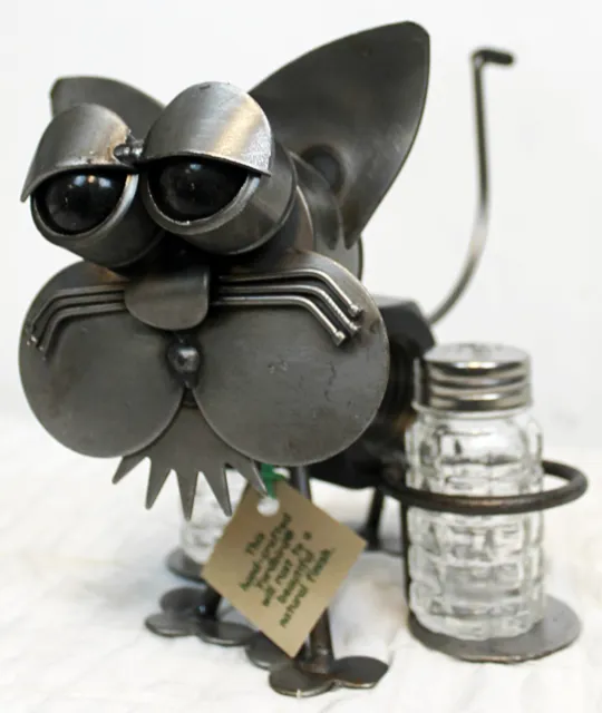 Hand Crafted YardBird Cat Salt Pepper Shakers Holder Metal Scrap art  Whimsical