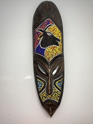 Vtg Ethnic African Carved Wood Beaded Goat  Wall Art Mask Sculpture