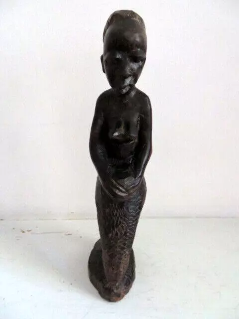 Vintage-Real Ebony Wood African Woman Tanzania Hand Carved By Makonde Tribe