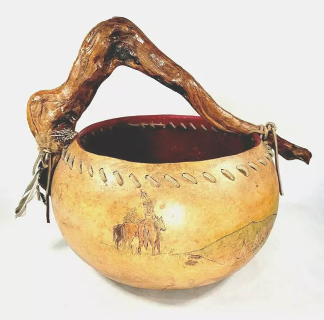 Native American Gourd Basket w/ wood handle Hand Painted SIGNED Stone Aki