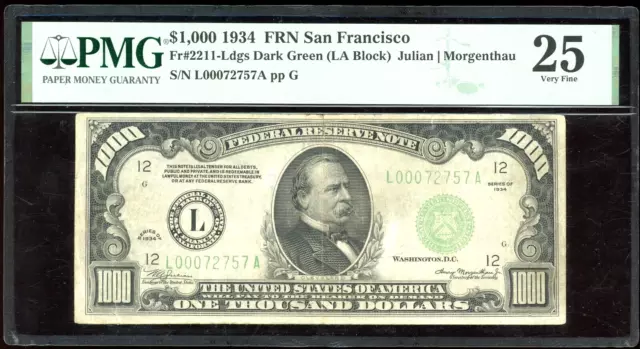 1934 $1,000 Federal Reserve Note Bill FRN FR-2211-L - PMG VF 25 (Very Fine)