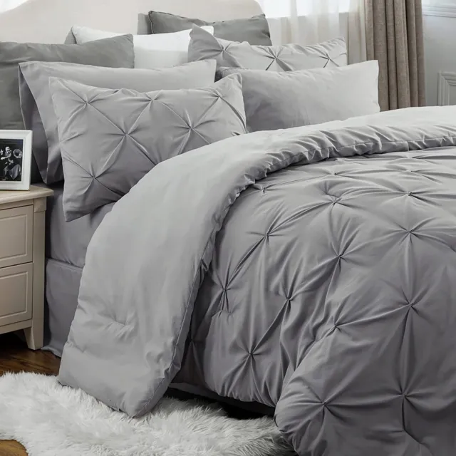 7 pc Queen Size Comforter Set Bed in a Bag Pinched Pintuck Gray w Sheets & Shams