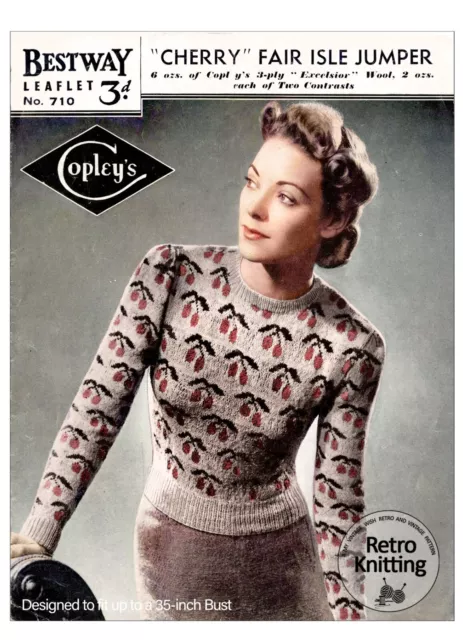 1940s Ladies Cherry Fair Isle Sweater Vintage Knitting Pattern Bust 35