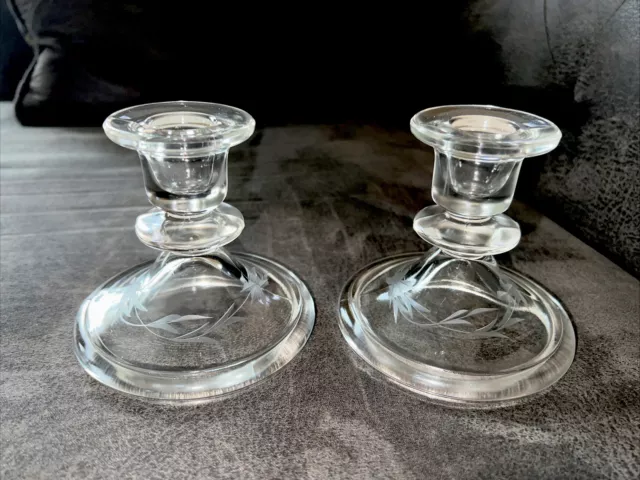 Vtg MCM Pair 4" Clear Glass Candlesticks 2 Candle Holders 4" x 5" base Etched