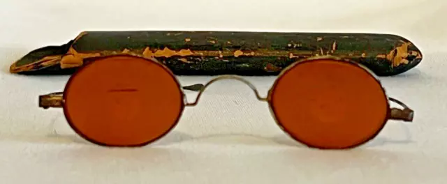 Antique Optical Spectacle Bifocal Yellow Lens Driving Glasses w/ Case 1800s 🍒