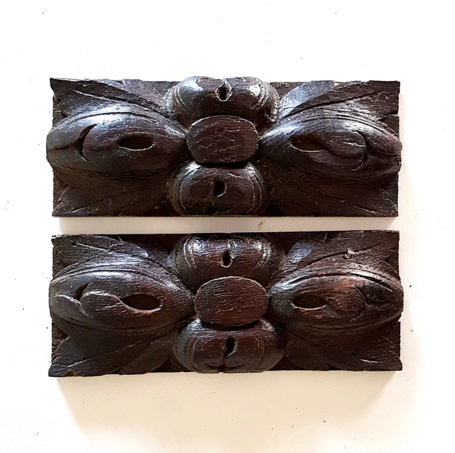 2 Rosette wood carving ornament panel 6 in . Antique french salvaged furniture .