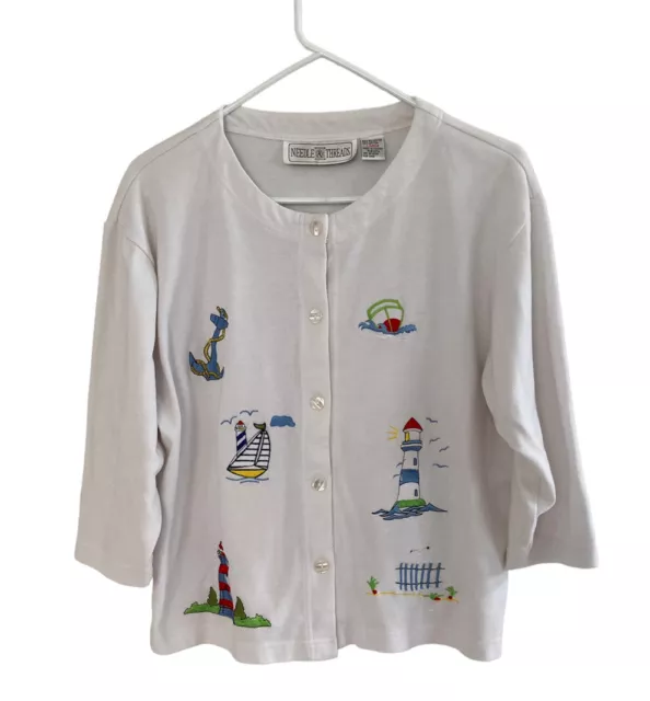 Needle & Threads Cardigan Sweater Lighthouse Sailboat Embroidered Button Size L