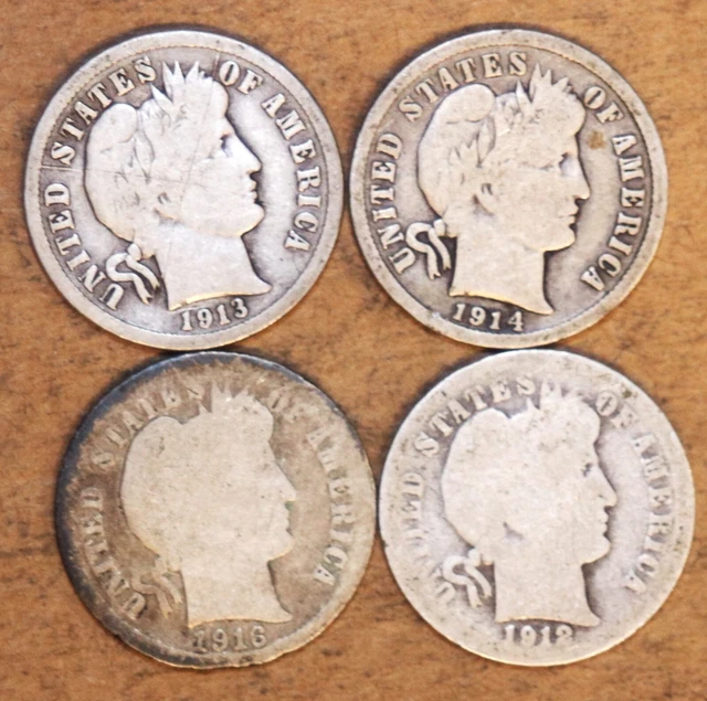 (4) Barber Dimes - 90% Silver - 1912D 1913 1914D 1916 - #2680B - FREE SHIPPING