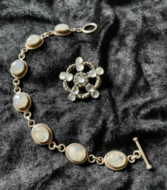 stunning art deco brooch 1.5" and bracelet 8" set 800 silver with moonstones