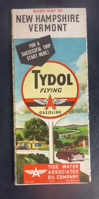 1947 New Hampshire Vermont  road map Tydol  Flying A  oil  gas