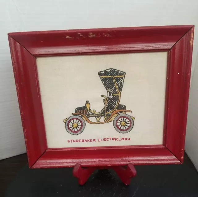 Vtg Handcreweled 'Studebaker Electric, 1904' Wall Art, Gallery Wall, Automotive