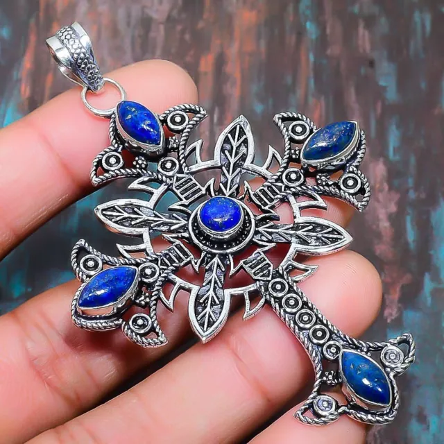 Cross Lapis Lazuli Gemstone Handmade Gift Jewelry Pendant 3.35" y471