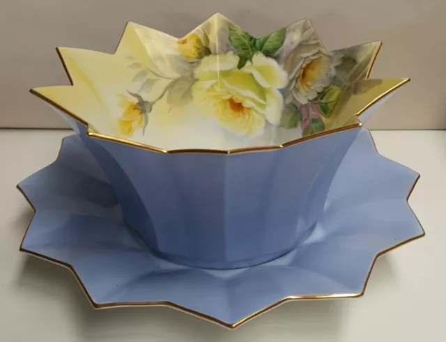Art Deco Noritake Yellow Roses China Salad Bowl & Underplate c1931 Made in Japan