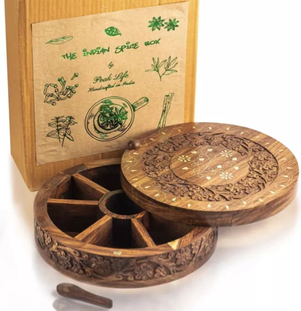 Peak Life Handcrafted Indian Wooden Spice Box, Round