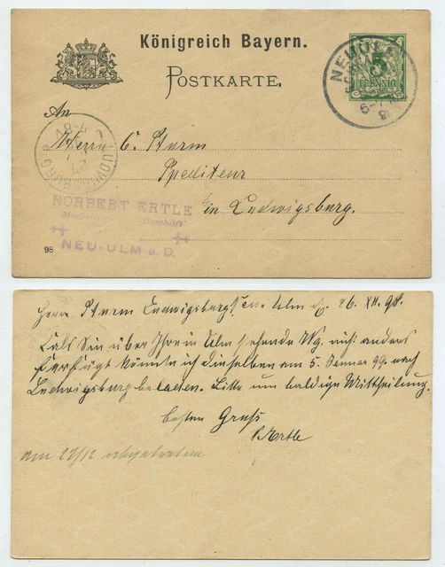 68456 - Ganzsache P 44 (98) - Postkarte - Neu-Ulm 26.12.1898 nach Ludwigsburg
