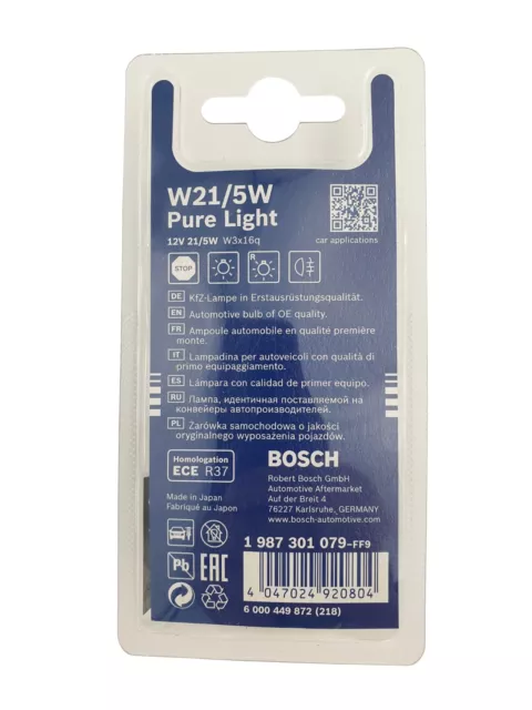 2x BOSCH Pure Light W21/5W T20 1987301079 Glühlampe Autolampe Licht 12V W3x16q 3