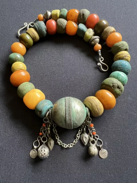 Hebron ancient beads & copal with large Yemeni Globe  Tribal Berber Necklace.