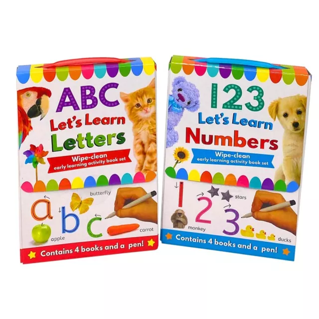 ABC and 123 Lets learn 8 Books Set Collection inc Wipe Clean Pages and Pen NEW