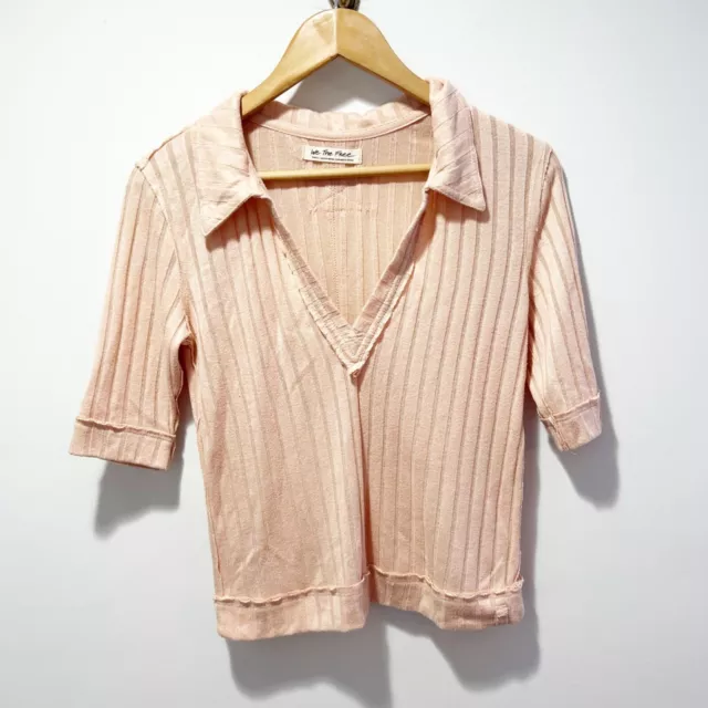 Free People Krystal Rib Polo Shirt Size Small Peach Pink Collared Pretty in Peac