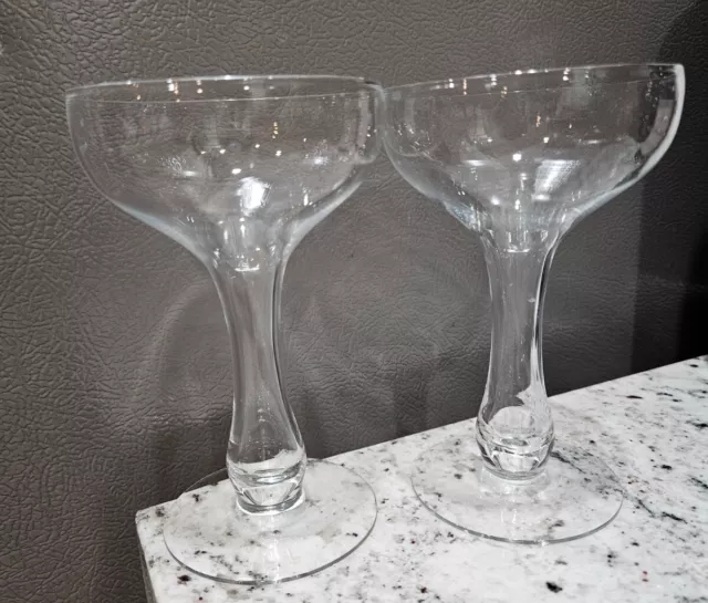 Set Of 2 Vintage Bulbous Stem Hollow Stem Saucer Coupe Champagne Glasses