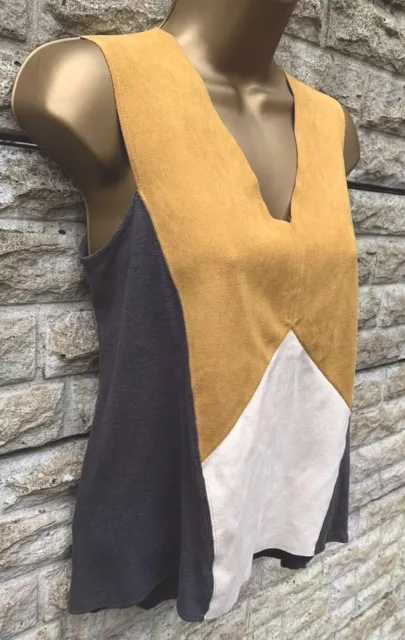 Blusa Top Damas River Island Mostaza/Gris Gamuza Frontal Sin Mangas Reino Unido 8