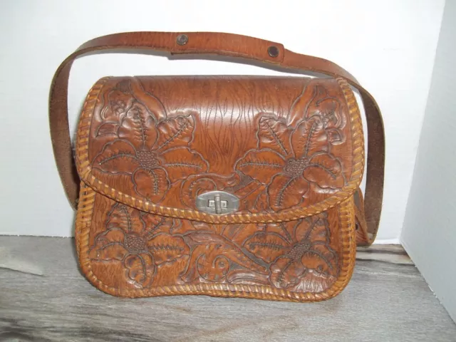 Vintage Tooled Brown Leather Shoulder Bag Purse Embossed Floral Boho Western