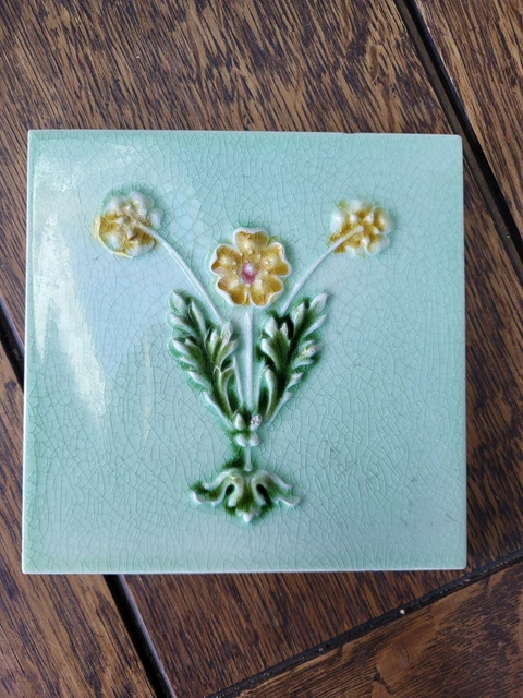 English Art Nouveau Tile 6x6 Yellow Flower Green England