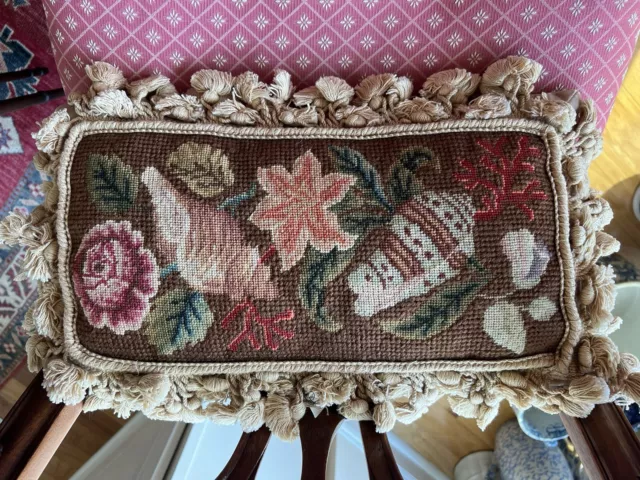 Vge Petit Point Needlepoint Pillow  Nautical Floral Tassels Throw 17"x 9"