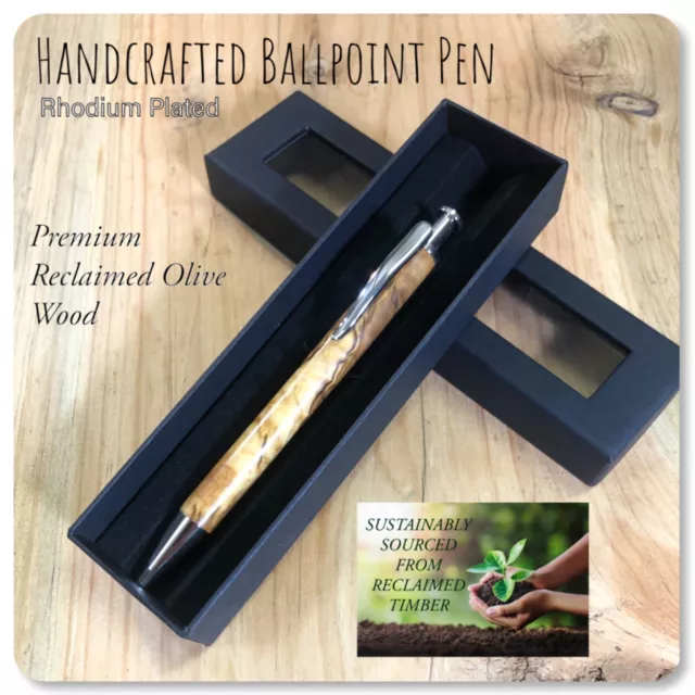 Click Pen & Gift box HandCrafted Australian Olive Wood Rhodium Personalised